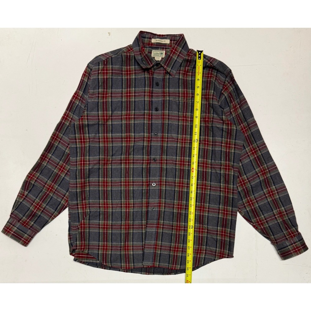 LL Bean Mens Heavy Flannel Shirt Large Traditional Fit Plaid Grey‎ Red 228061
